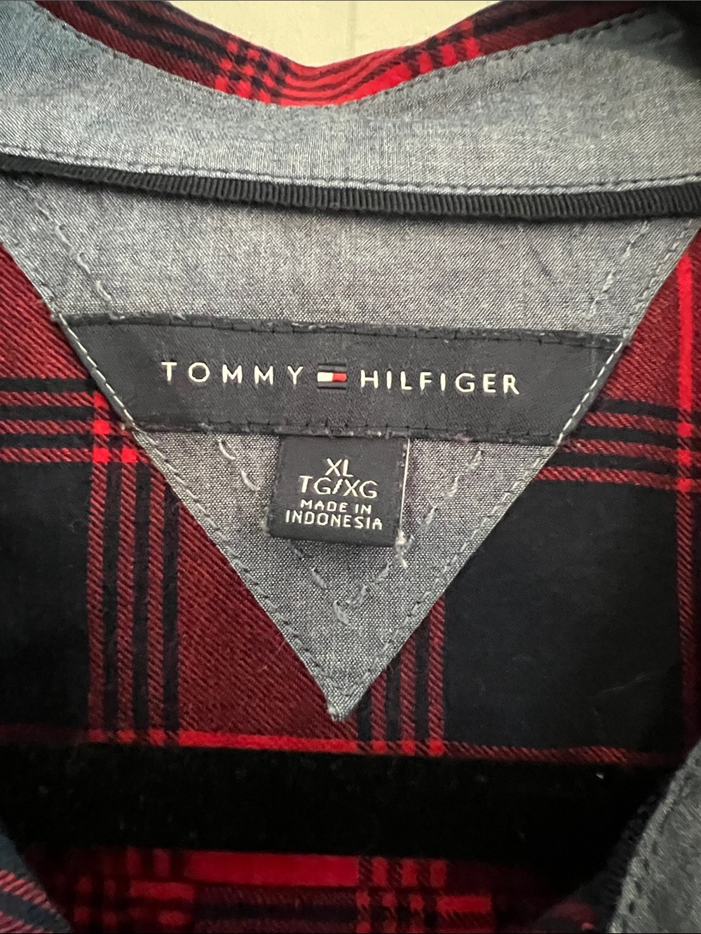 Tommy Hilfiger red and blue flannel, roll sleeve, 3/4 button shirt